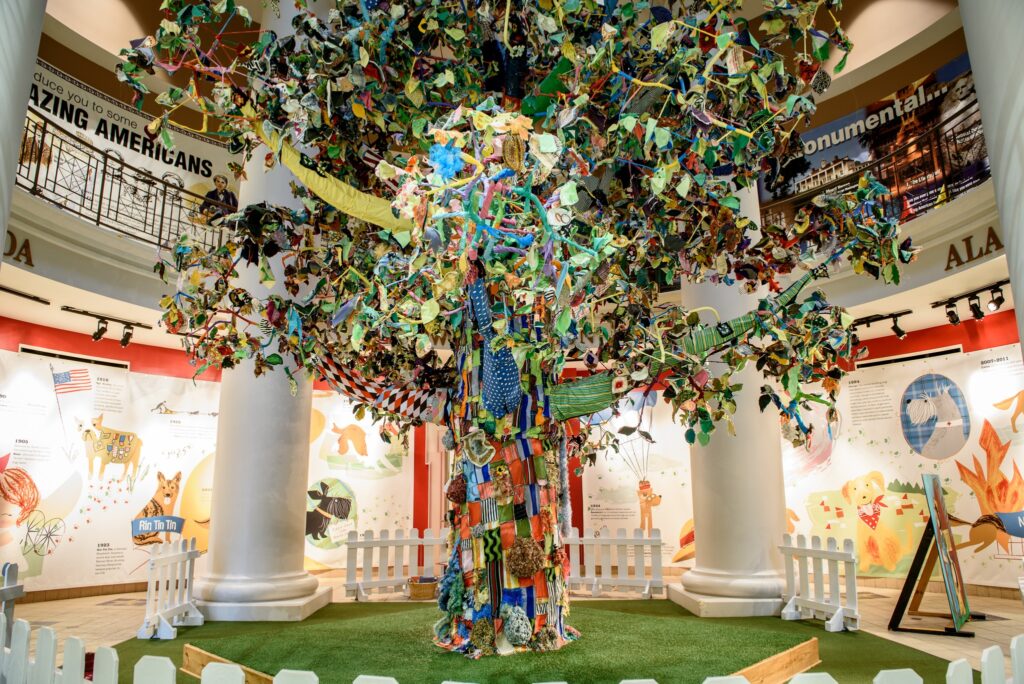 An artistic tree located inside the Early Works Children's Museum